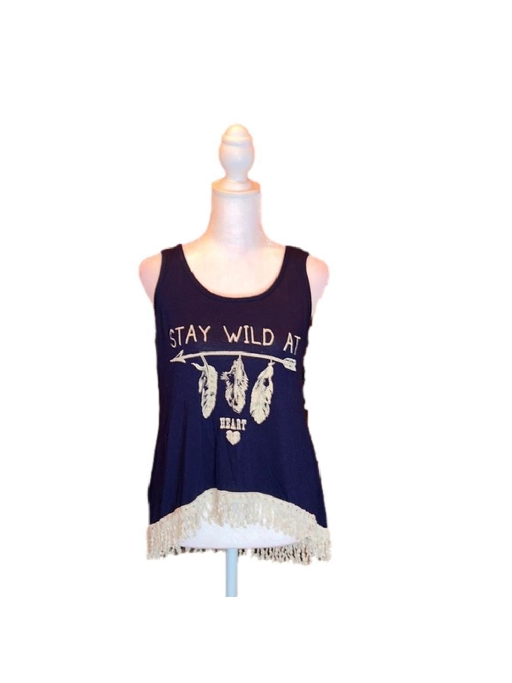 SAY ANYTHING “Stay Wild At Heart” Dark Blue w/ Crotchet Fringe Tank Top Size M